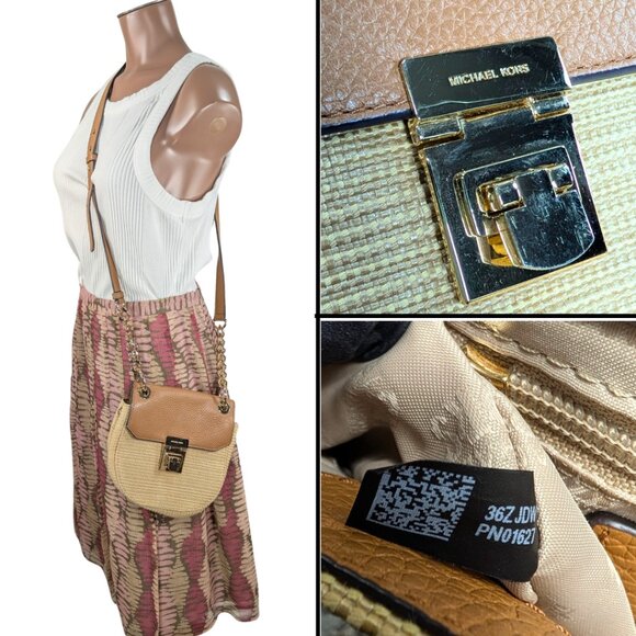 Michael Kors Cecelia Small Woven Raffia Brown Leather Flap Crossbody - Picture 10 of 10